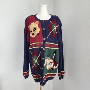Vintage Marisa Christina Blue Novelty Knit Cardigan Sweater Equestrian Themed M